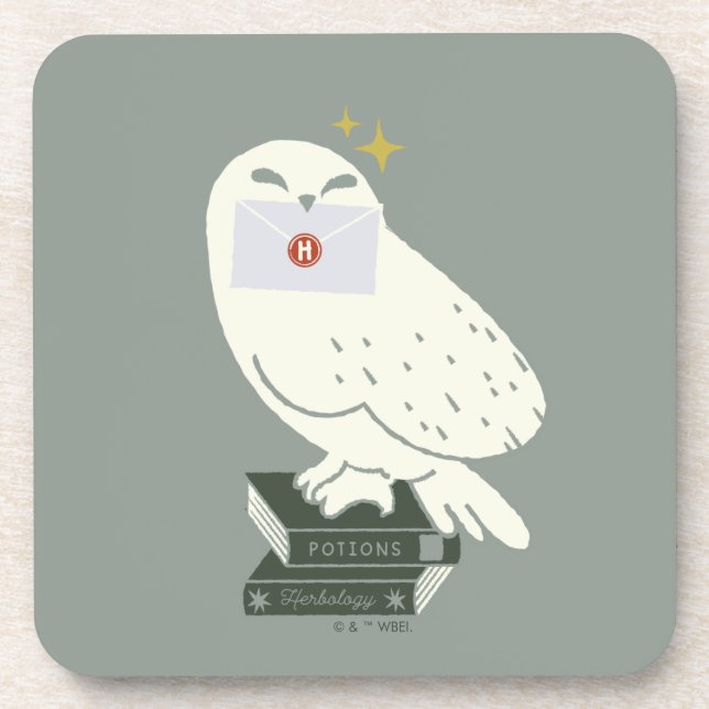 Hedwig With Letter Whimsical Drawing Coaster (Front)