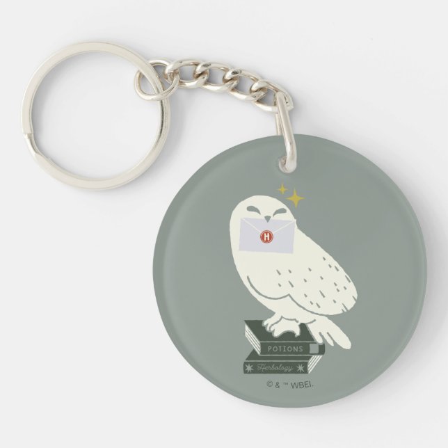 Hedwig With Letter Whimsical Drawing Key Ring (Front)