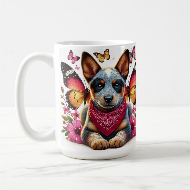 Heeler Puppy Surrounded by Butterflies and Flowers Coffee Mug (Left)