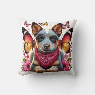 Heeler Puppy Surrounded by Butterflies and Flowers Cushion