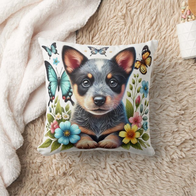 Heeler Puppy with Butterflies and Flowers  Cushion (Blanket)