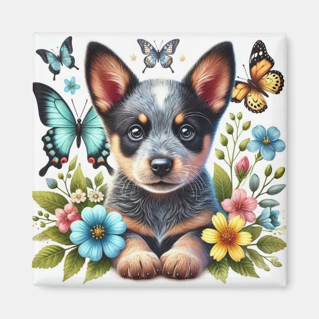 Heeler Puppy with Butterflies and Flowers  Magnet (Front)