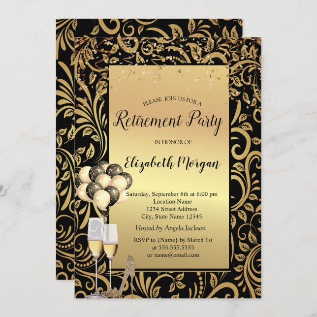 Heels,Balloons,Gold Swirls Retirement Party Invitation (Front/Back)