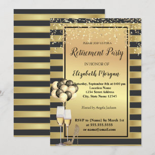 Heels,Glass,Balloons,Gold Stripes Retirement Party Invitation