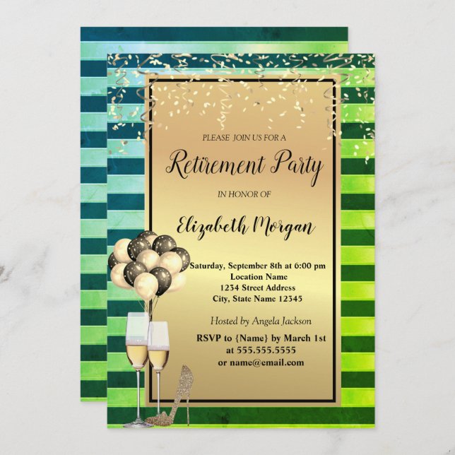 Heels,Glass,Balloons,Green Stripes Retirement  Invitation (Front/Back)