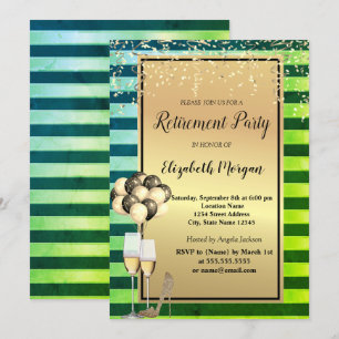 Heels,Glass,Balloons,Green Stripes Retirement  Invitation