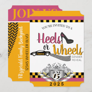 Heels or Wheels {Car} Pink & Yellow Gender Reveal Invitation