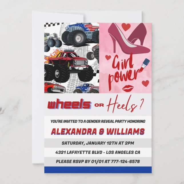Heels or wheels gender reveal invitations (Front)