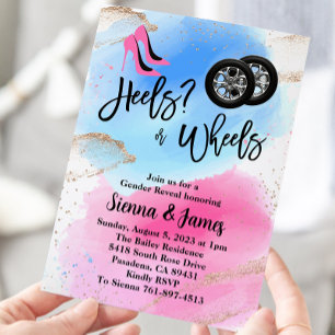 Heels Or Wheels Gender Reveal, Pink Or Blue Invitation