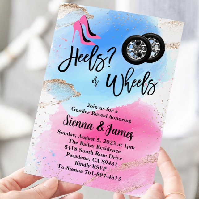 Heels Or Wheels Gender Reveal, Pink Or Blue Invitation (Creator Uploaded)