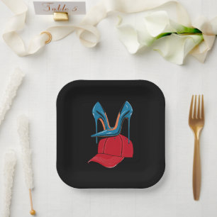Heels stepping on Red MAGA Hat Election 2024 Paper Plate