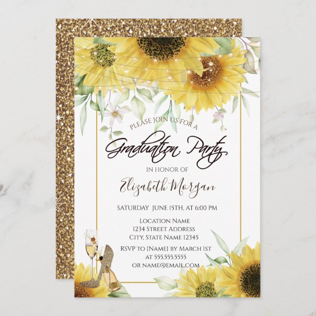 Heels Sunflowers Gold Glitter Graduation Party Invitation (Front/Back)