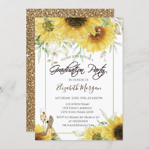 Heels Sunflowers Gold Glitter Graduation Party Invitation
