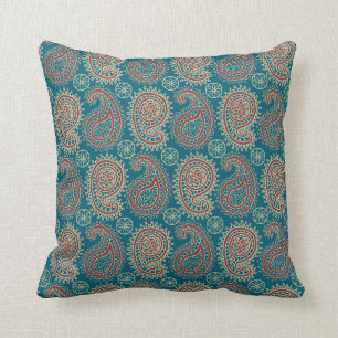 Heffalumps Red Blue Beige Paisley Pillow, Cushion