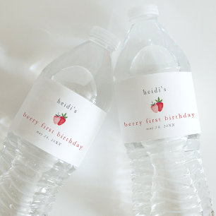 HEIDI Cute Strawberry Girl Berry First Birthday Water Bottle Label