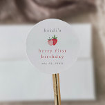 HEIDI Pink Strawberry Girl Berry First Birthday Classic Round Sticker<br><div class="desc">This pink strawberry girl berry first birthday sticker from the Heidi Collection is perfect for a spring or summer baby birthday party. The unique boho design features cute picnic strawberries in red,  pink and white.

Personalise your favour stickers with the name of the birthday girl and the date.</div>