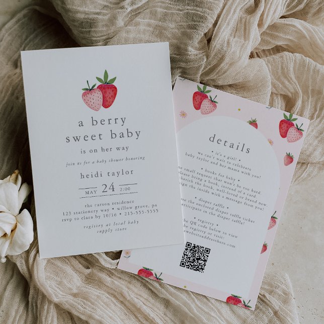 HEIDI QR Berry Sweet Strawberry Girl Baby Shower Invitation (HEIDI QR Berry Sweet Strawberry Girl Baby Shower Invitation)