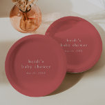 HEIDI Summer Red Boho Modern Simple Baby Shower Paper Plate<br><div class="desc">These summer red boho modern simple baby shower paper plates from the Heidi Collection are perfect for a simple baby shower. The strawberry red design features modern boho unadorned typography with a unique minimalist style.

Personalise your baby shower plates with the name of the mum-to-be and the shower date.</div>