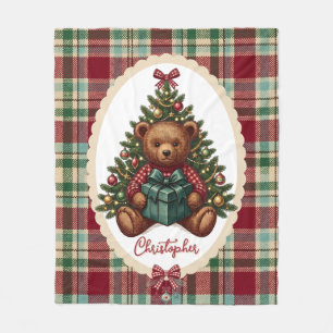 Heirloom Christmas Teddy Bear Plaid Child Name Fleece Blanket