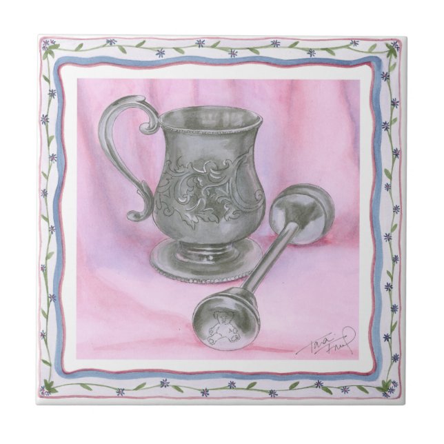 Heirloom Cup & Rattle on Purple Background Ceramic Tile (Front)