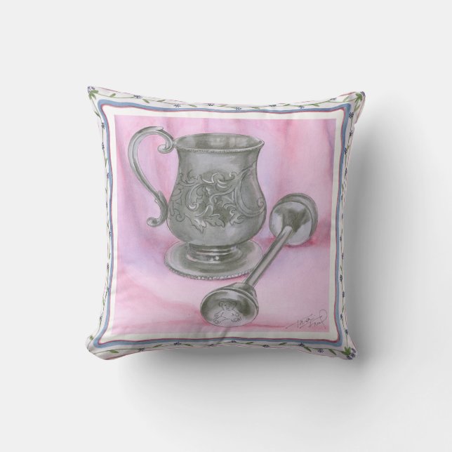 Heirloom Cup & Rattle on Purple Background Cushion (Front)
