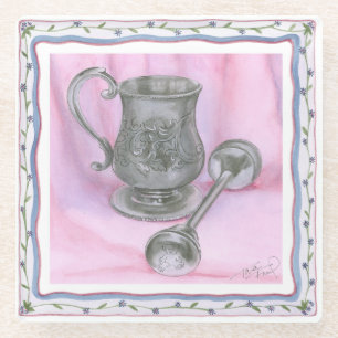 Heirloom Cup & Rattle on Purple Background Glass Coaster