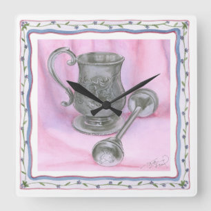 Heirloom Cup & Rattle on Purple Background Square Wall Clock