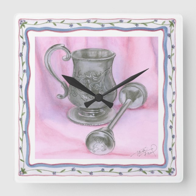 Heirloom Cup & Rattle on Purple Background Square Wall Clock (Front)