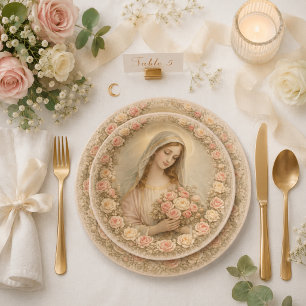 Heirloom Marian Rose Garden Catholic Paper Plate