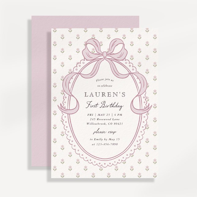 Heirloom Pink Bow Floral Pattern First Birthday In Invitation (Creator Uploaded)