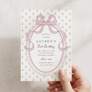 Heirloom Pink Bow Floral Pattern First Birthday In Invitation