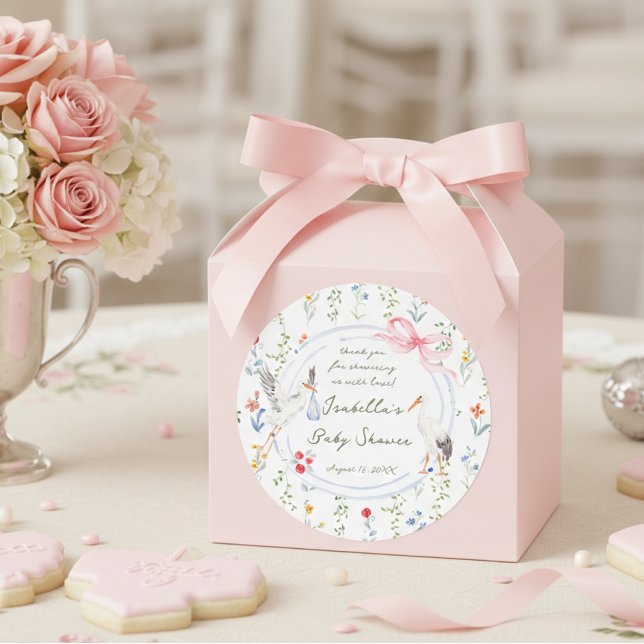 Heirloom Rose Bow and Stork Baby Shower Thank You Classic Round Sticker (Creator Uploaded)