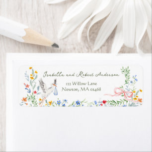 Heirloom Rose Ribbon and Stork Baby Shower Return Address Label
