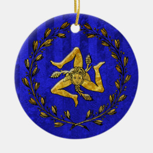 Heirloom Sicilian Trinacria Gold Blue Stripe Ceramic Ornament