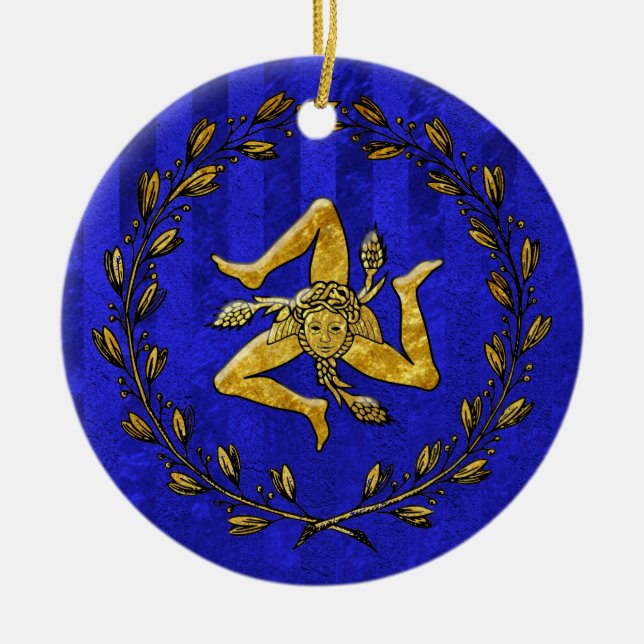 Heirloom Sicilian Trinacria Gold Blue Stripe Ceramic Ornament (Front)