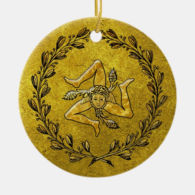 Heirloom Sicilian Trinacria Gold Ceramic Ornament (Front)