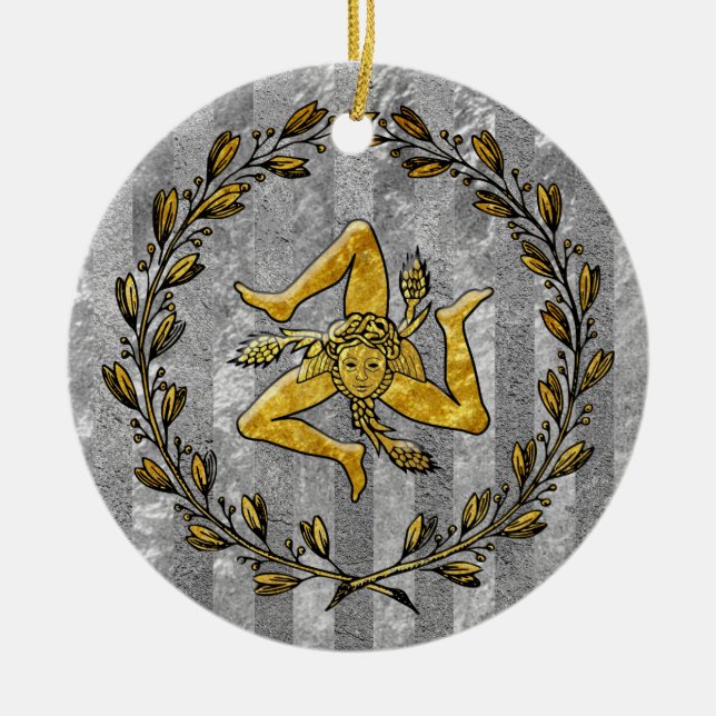 Heirloom Sicilian Trinacria Silver Stripe Ceramic Tree Decoration (Front)