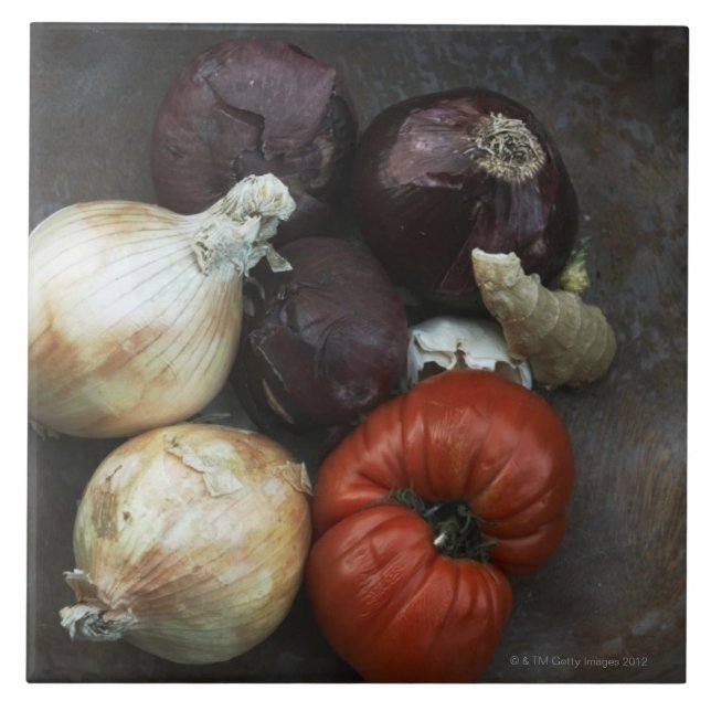 Heirloom tomato, yellow onion, red onion, ginger tile (Front)