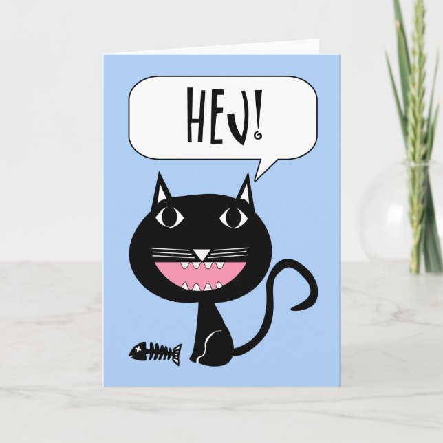 Hej! Hello Card in Swedish, Black Cat with Fish (Front)
