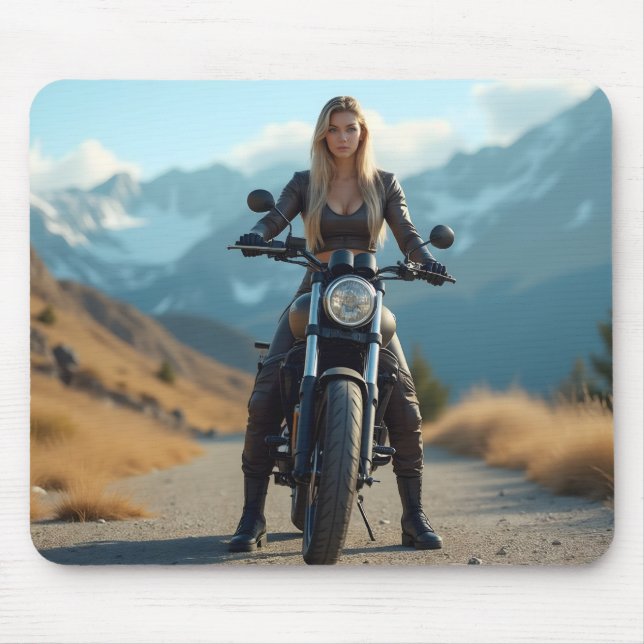 Helena Chevalier on Motorcycle / Mountains Mouse Pad (Front)
