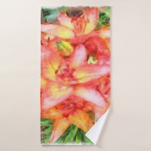 Helen's Coral Coloured Lilies Watercolor Bath Towel