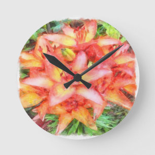 Helen's Coral Coloured Lilies Watercolor Round Clock
