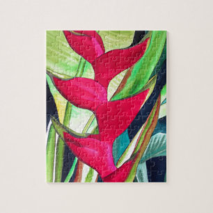 Heliconia Lobster Claw tropical watercolour flower Jigsaw Puzzle
