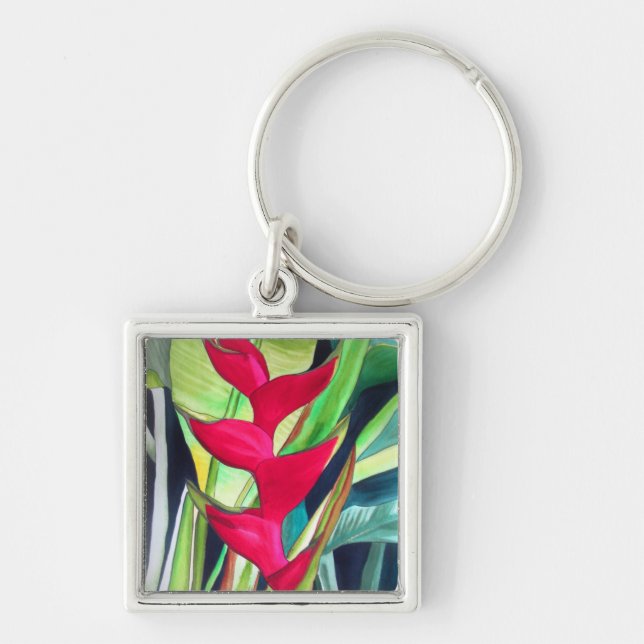 Heliconia Lobster Claw tropical watercolour flower Key Ring (Front)