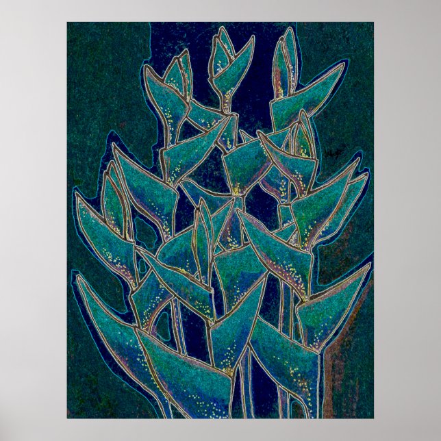 Heliconia Rostrata Tropical Flower Floral Art Teal Poster (Front)