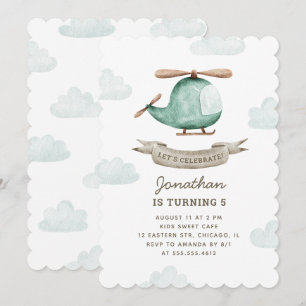 Helicopter Birthday for Boy   Watercolor Aviation Invitation
