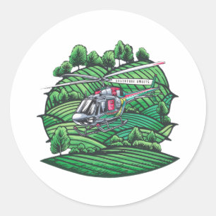 Helicopter over greenery. classic round sticker