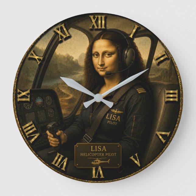Helicopter Pilot Funny Mona Lisa Aviation Gift Large Clock (Front)