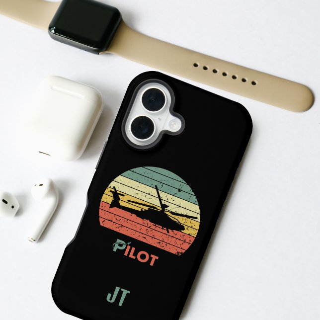 Helicopter & Retro Sunset, Cool monogrammed  iPhone 16 Case (Creator Uploaded)