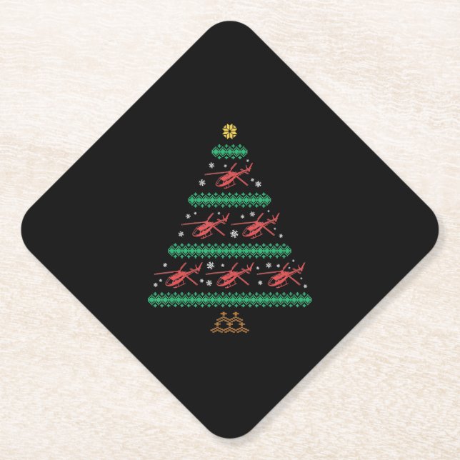 Helicopter Ugly Christmas Pilot Xmas Tree Gift Paper Coaster (Front)